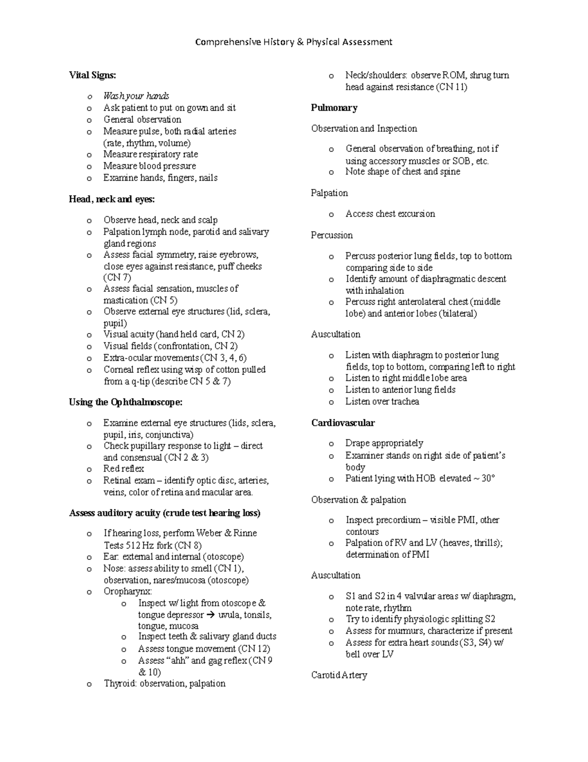 Summary Check List - head to toe - Comprehensive History & Physical ...