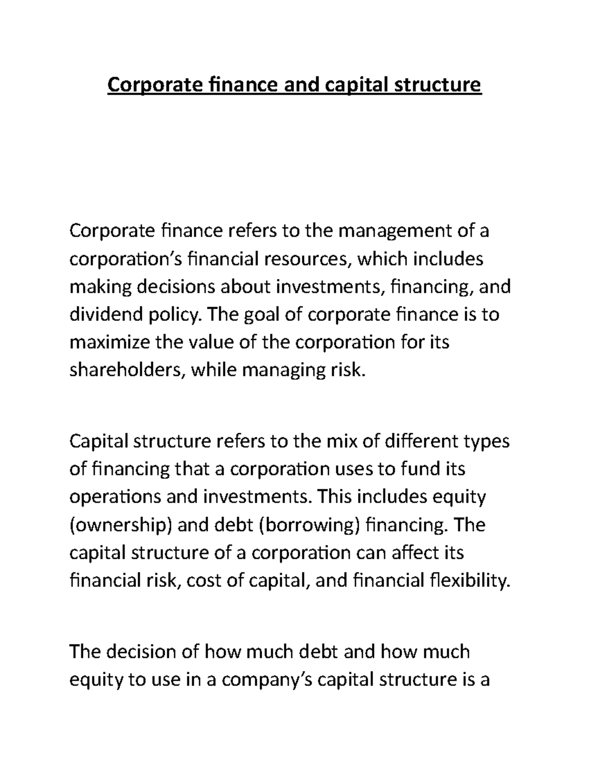 Corporate finance and capital structure Corporate finance and capital