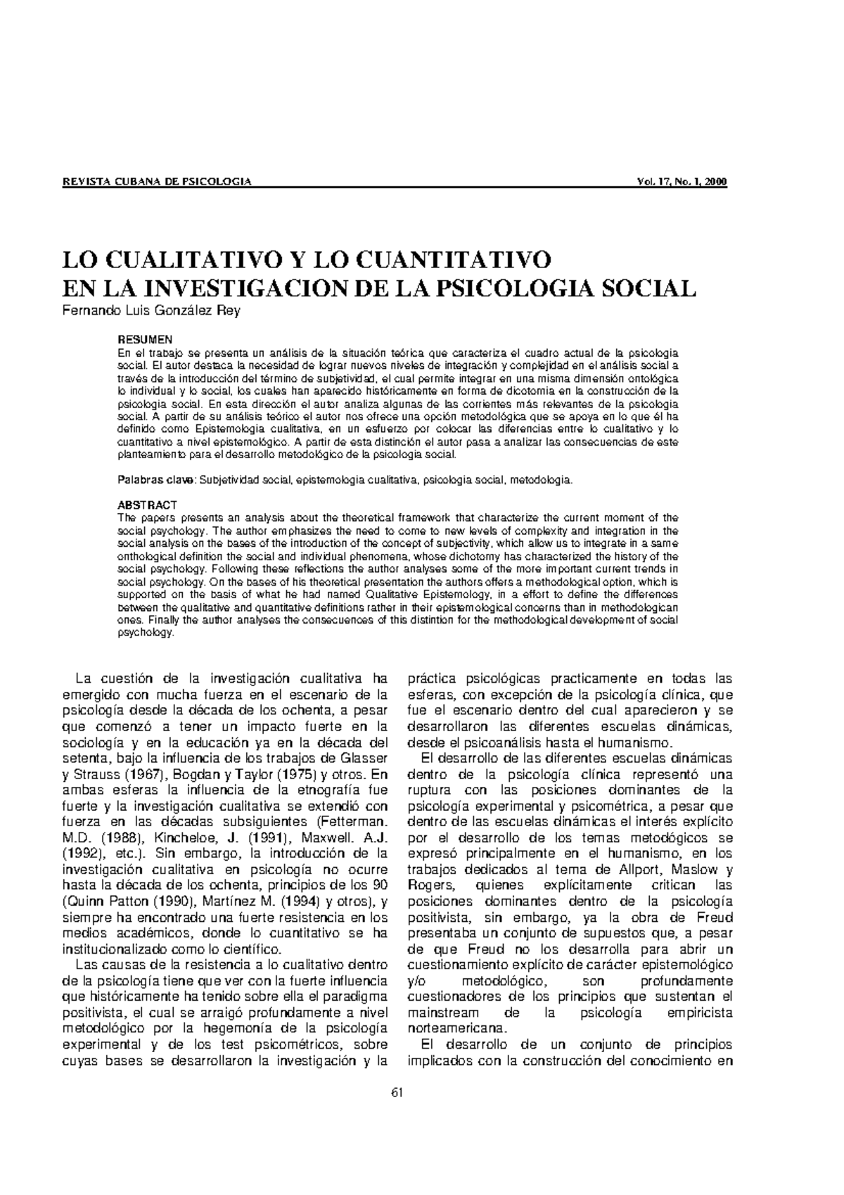 Lo Cualitativo Y Lo Cuantitativo En La I Revista Cubana De Psicologia