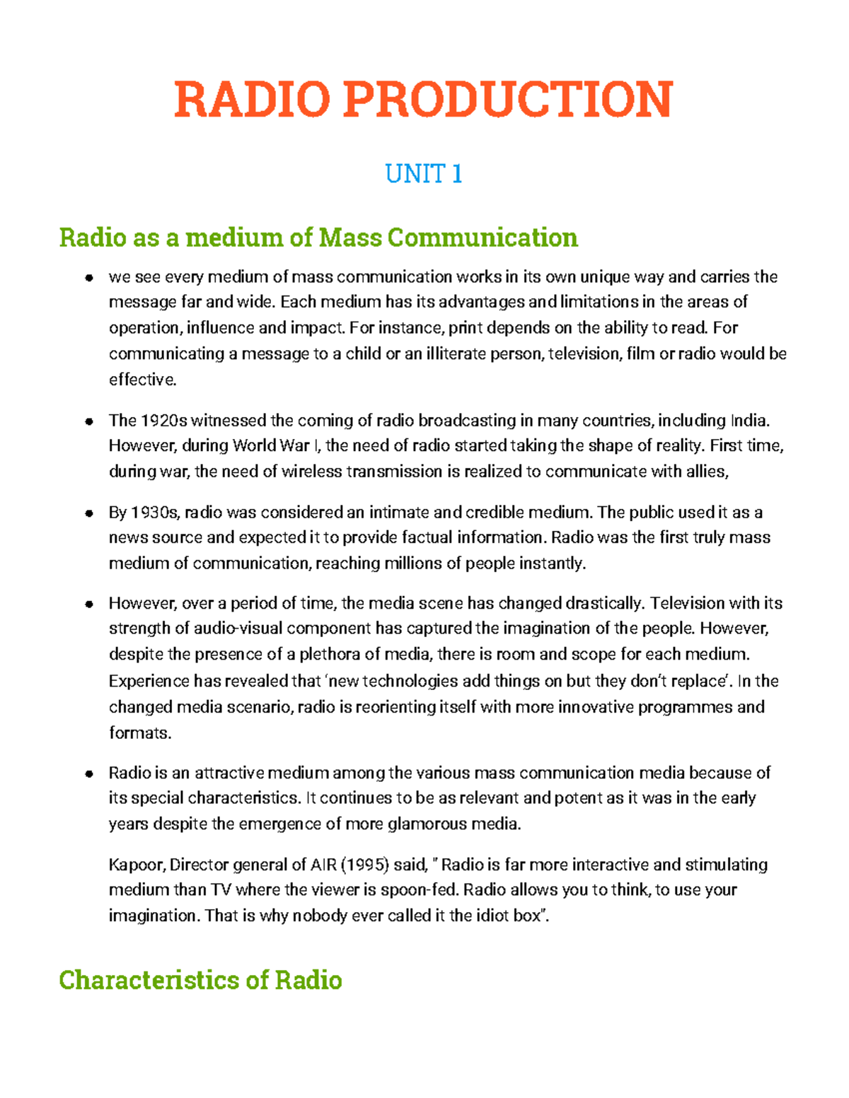 RadioProduction notes RADIO PRODUCTION UNIT 1 Radio as a medium of