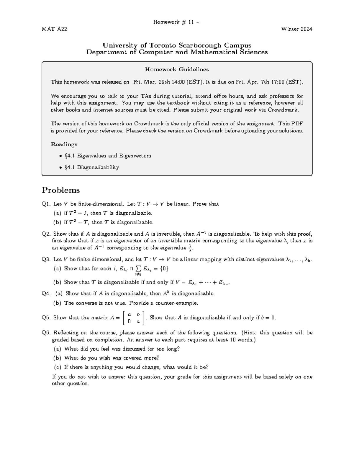 Mat A22 Homework 11 - Linear Algebra Diagonalizability, Proofs, Sigma ...