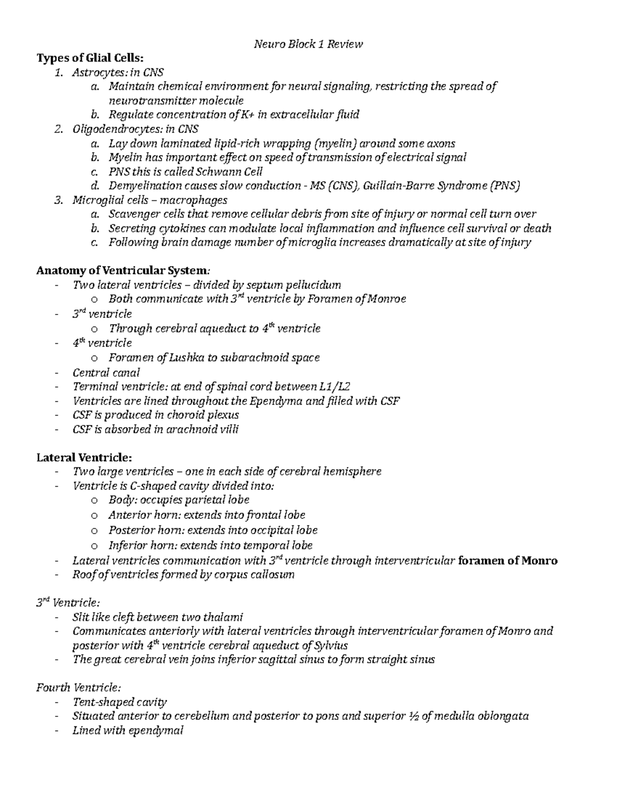 Neuro Block 1 Review copy - Neuro Block 1 Review Types of Glial Cells ...