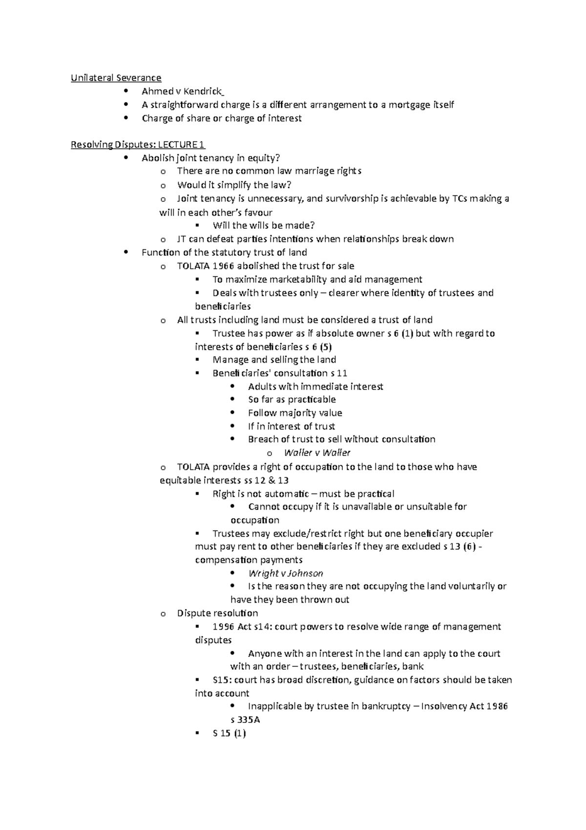 Land law Tutorial 10 Unilateral Severance Ahmed v Kendrick A