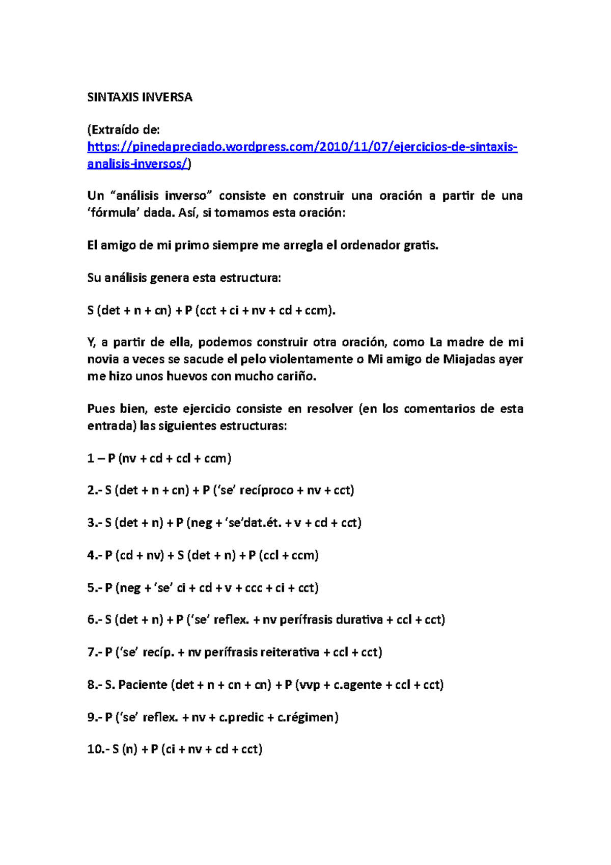 Sintaxis Inversa - En estos ejercicios el estudiante debe construir ...