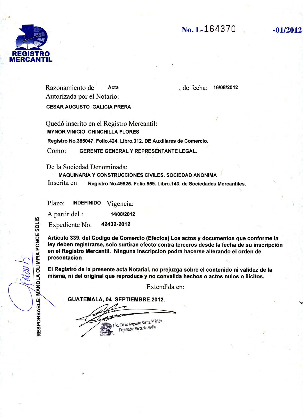 Acta De Nombramiento De Representante Legal