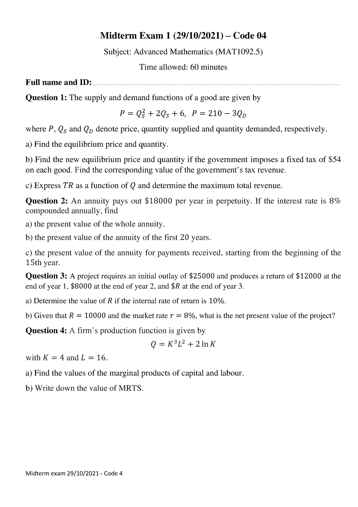 First Midterm-Exam 10 2021 Code4 - Midterm Exam 29/10/2021 - Code 4 ...