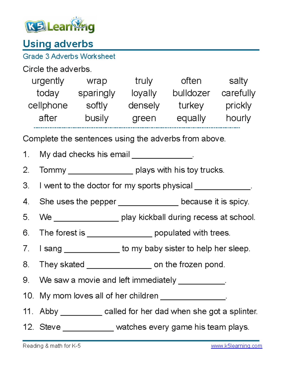 Grammar worksheet grade 3 adverbs sentences 1 - Using adverbs Grade 3 ...