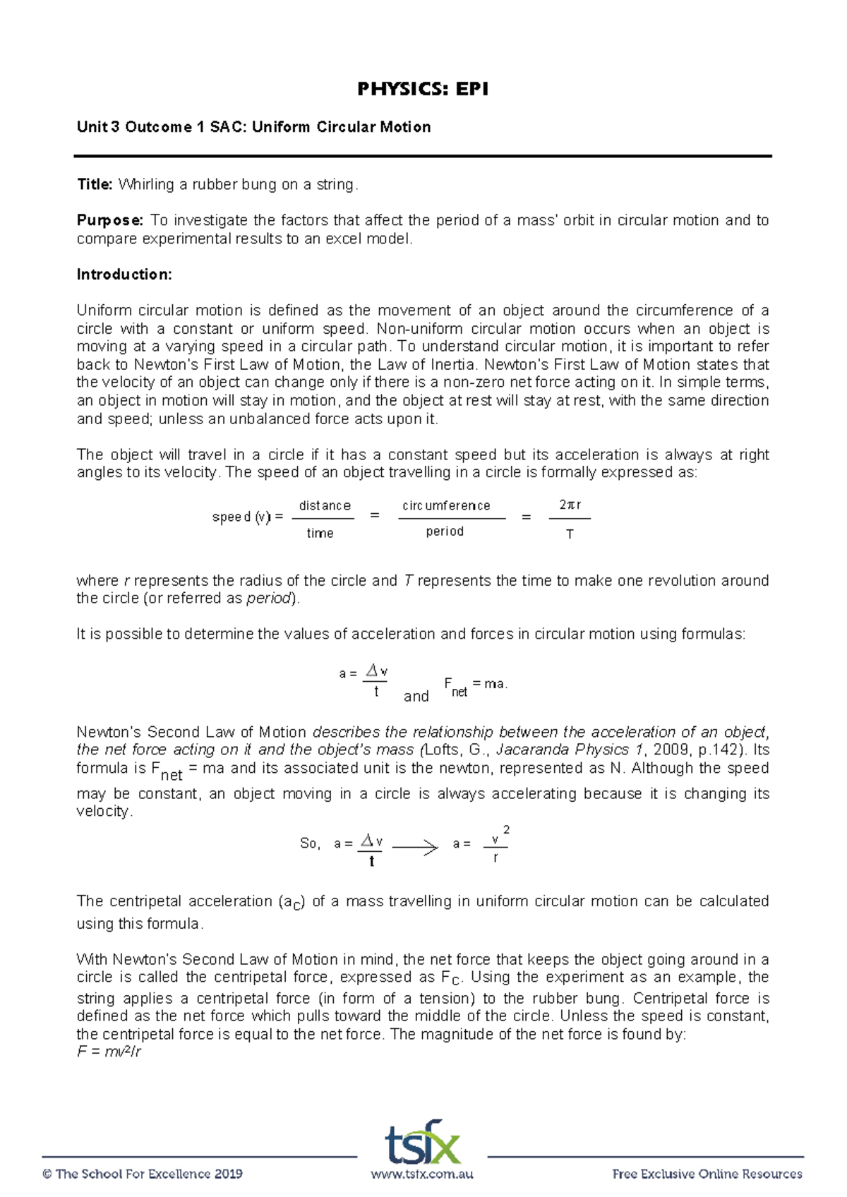 Tsfx circular motion demo - PHYSICS: EPI Unit 3 Outcome 1 SAC: Uniform ...
