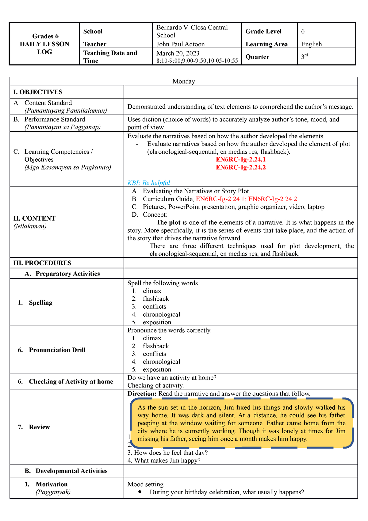 ENG6 EVAL PLOT - lesson plan - Grades 6 DAILY LESSON LOG School ...