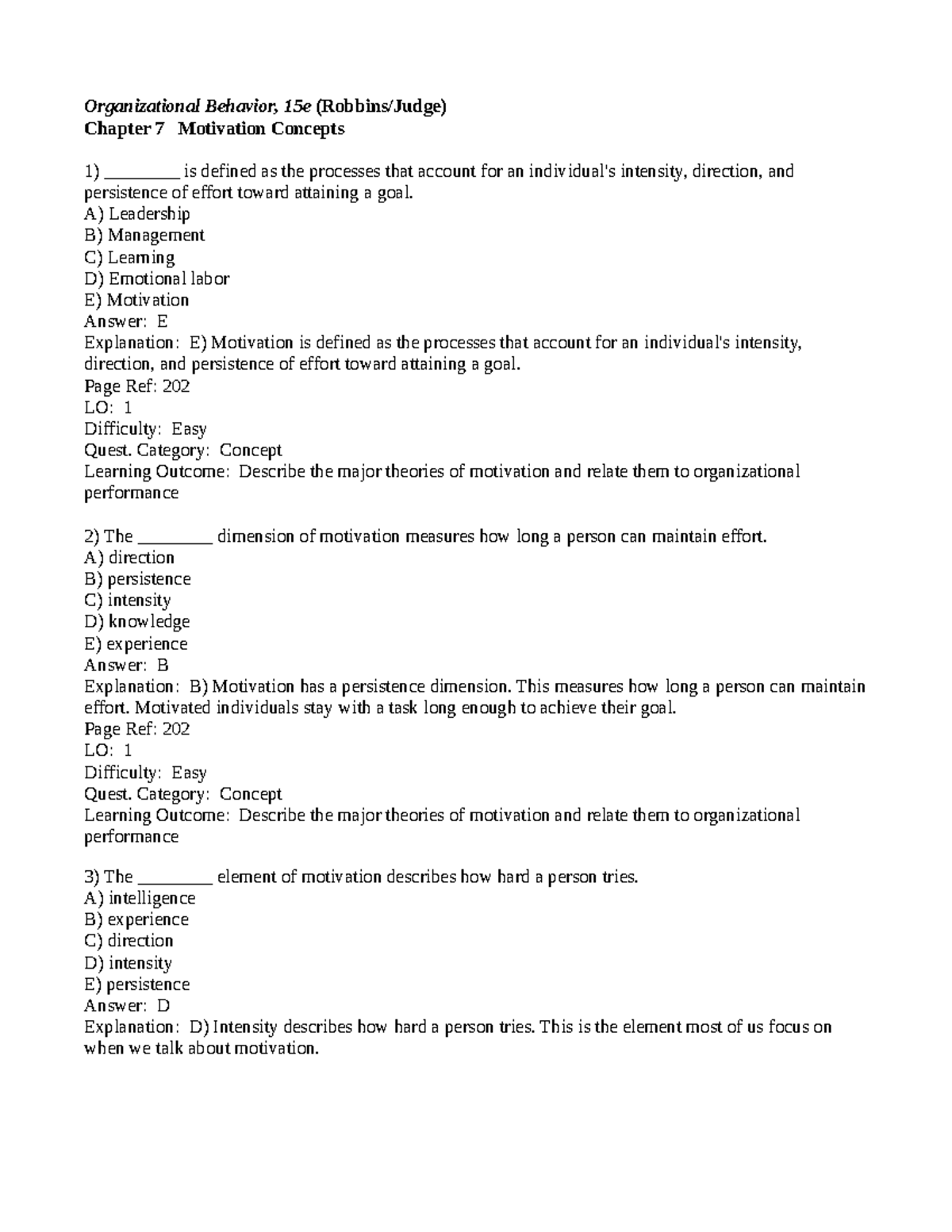 Chapter 7 - Study Test Materials - Organizational Behavior, 15e ...