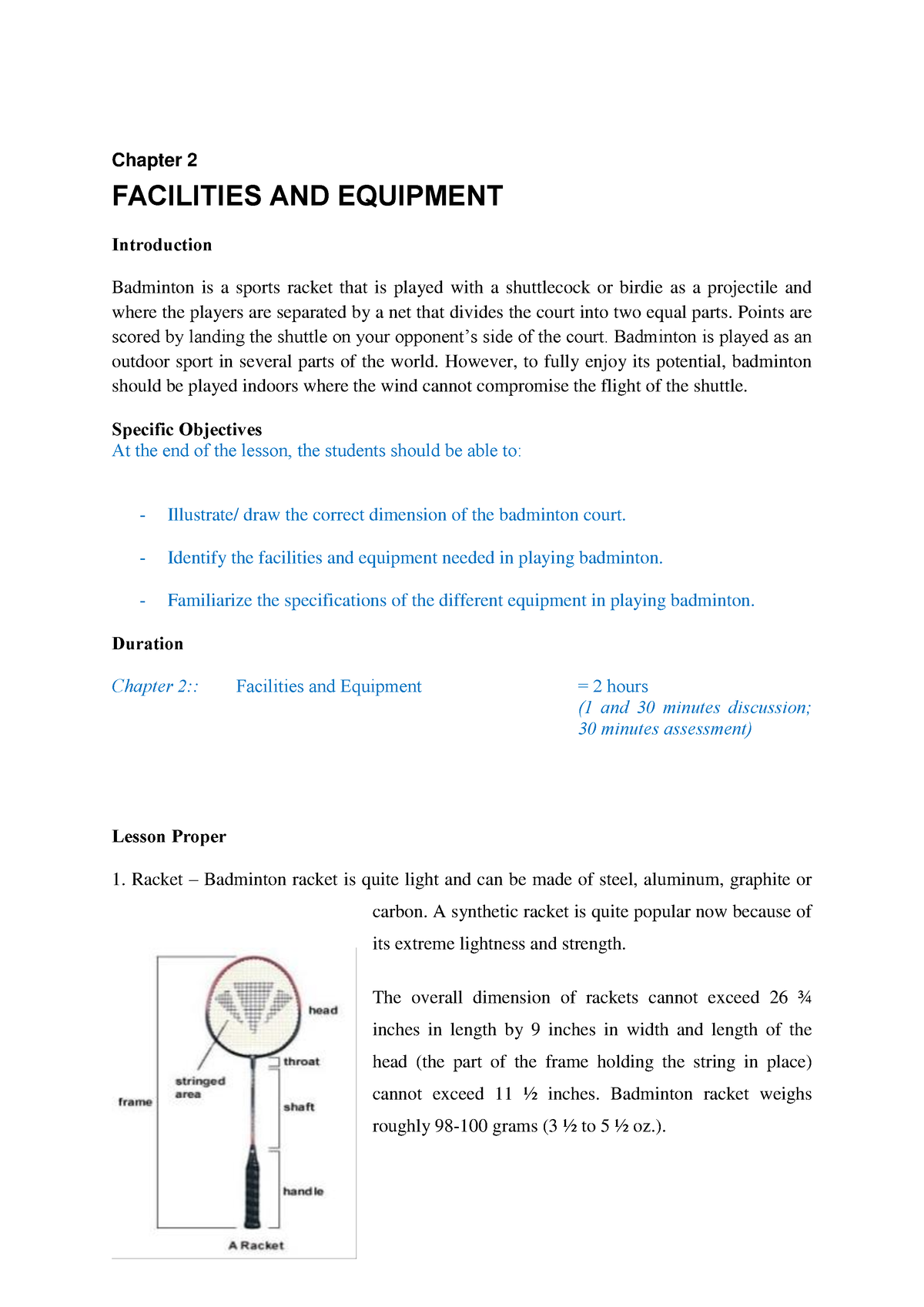 PEN3 Chapter 2 - Physical Education - Chapter 2 FACILITIES AND ...