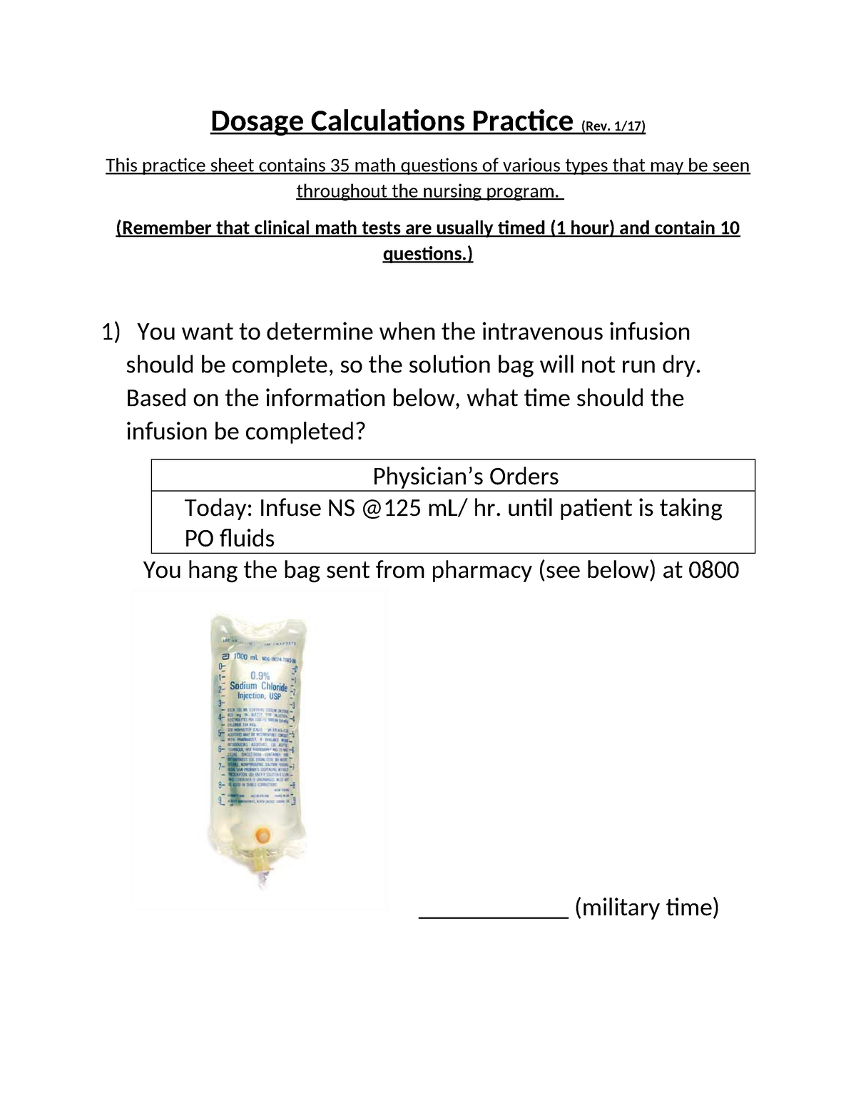 Dosage Calculations Practice Questions For Dosage Calc Dosage Calculations Practice Rev 1