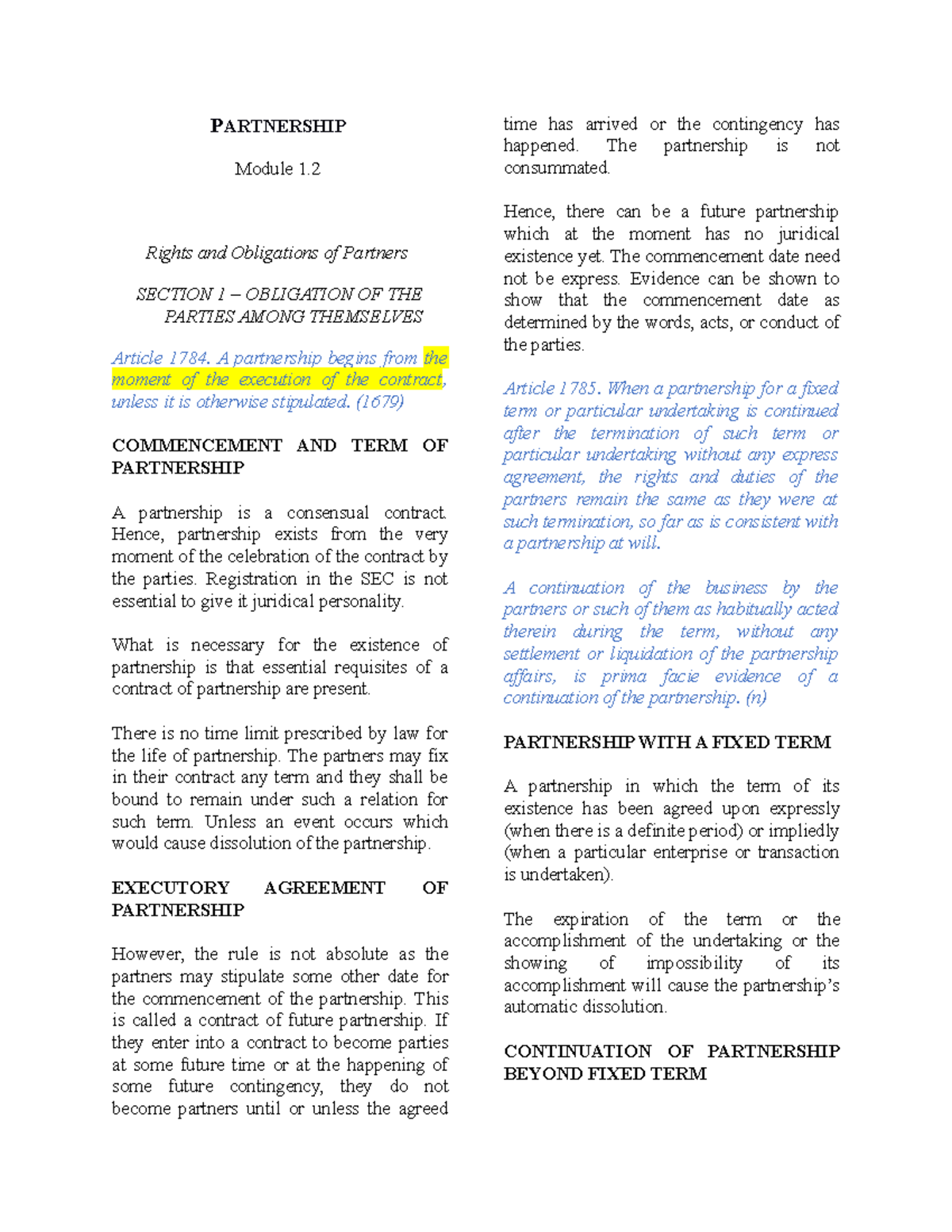 Obligation Of The Partners Among Themselves - PARTNERSHIP Module 1 ...