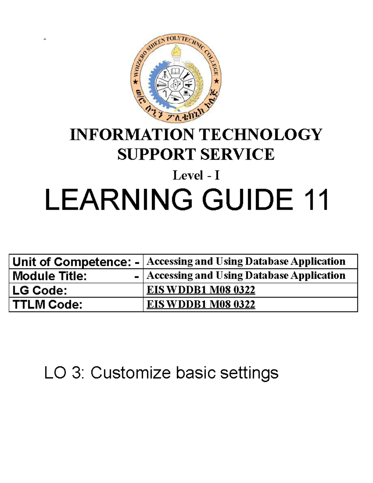 LO3.customize Basic Setting - Yes INFORMATION TECHNOLOGY SUPPORT ...