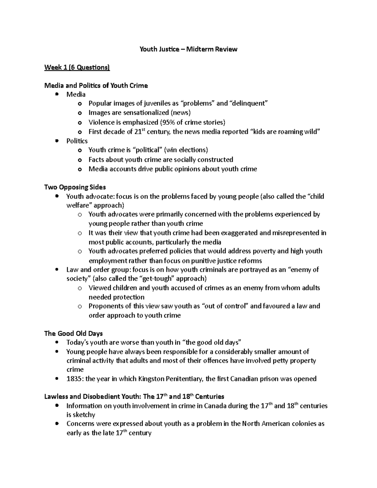 Youth Justice Midterm Review - Youth Justice – Midterm Review Week 1 (6 ...