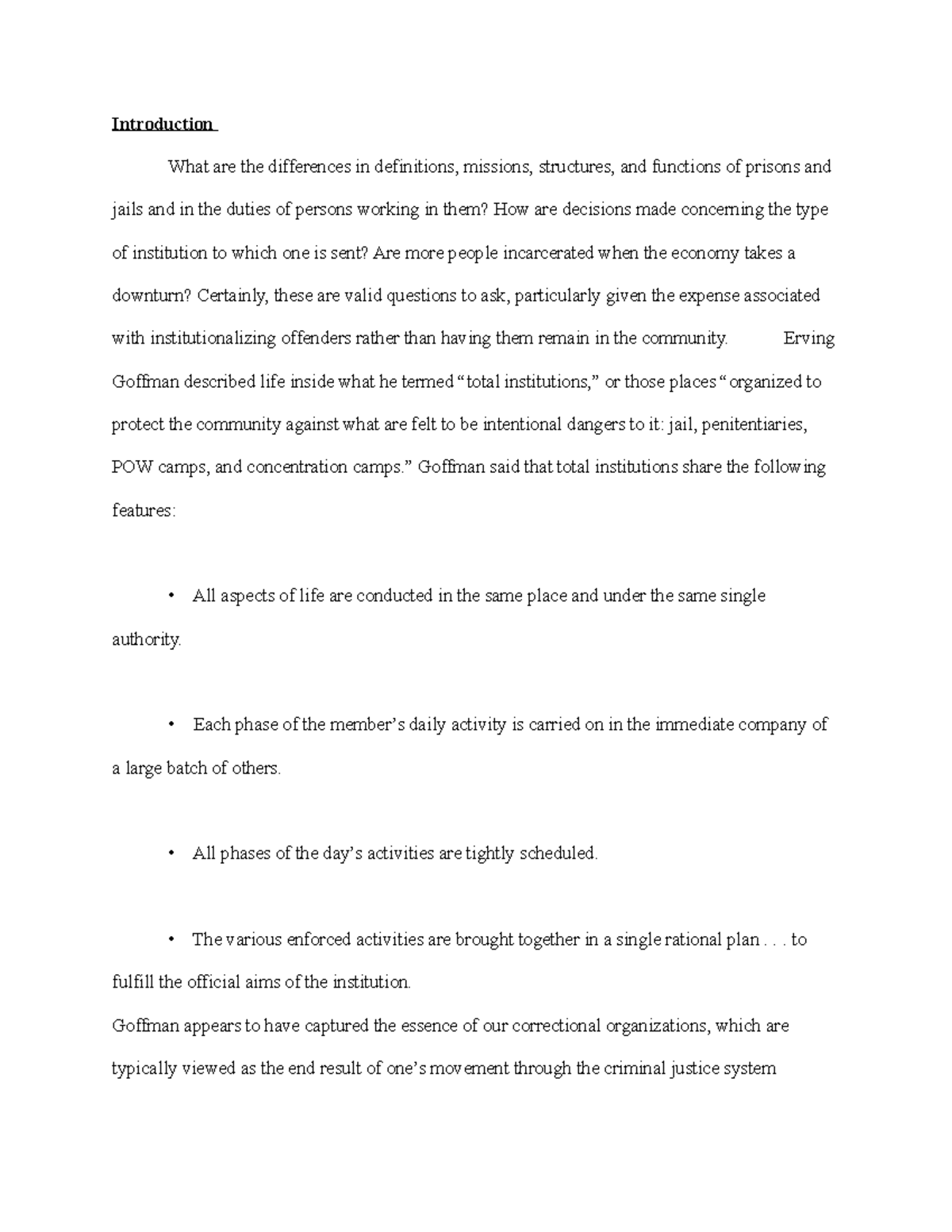 Chapter 12 Jails and Prison Stucture and Function Notes - Introduction ...