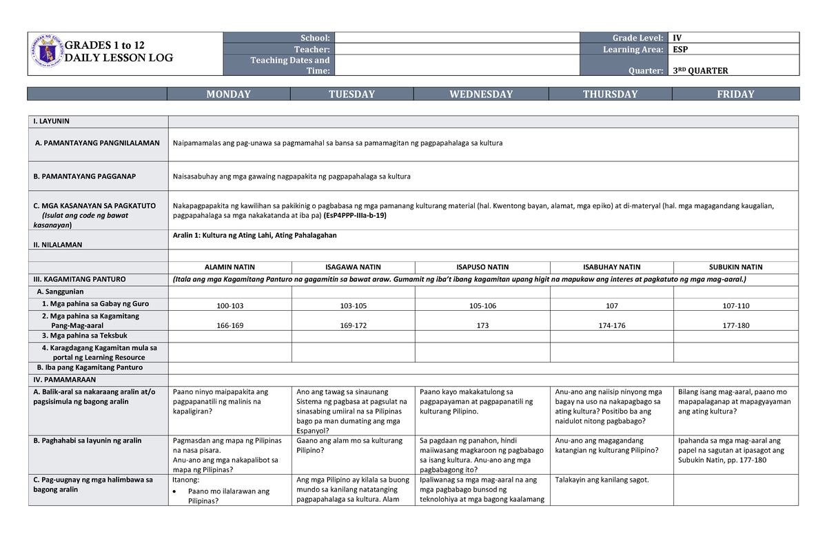 DLL ESP 4 Q3 W1 - Daily Lesson Log - GRADES 1 To 12 DAILY LESSON LOG ...