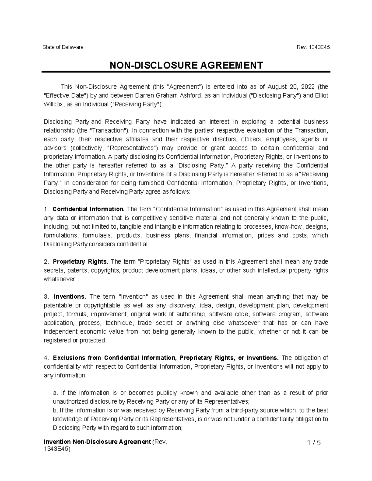 Invention NonDisclosure Agreement 1 / 5 State of Delaware Rev. 1343E