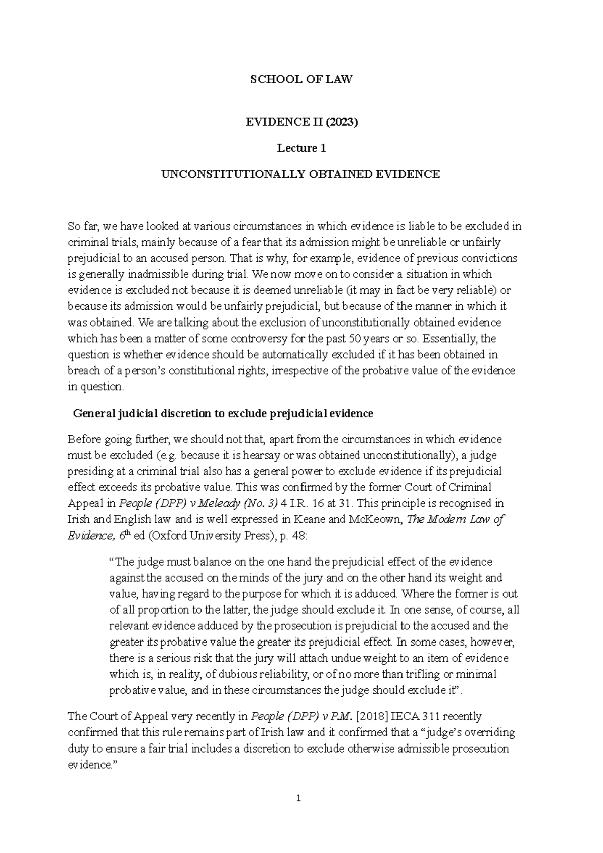 LW514 Evidence II lecture 1 2023 - 1 SCHOOL OF LAW EVIDENCE II (2023 ...