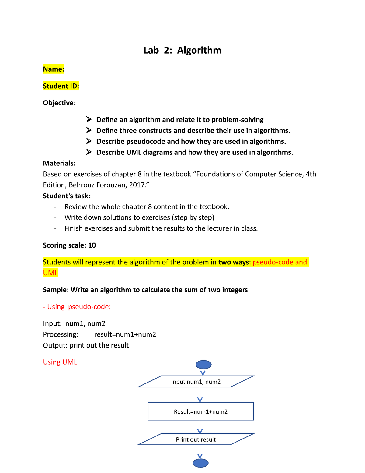 CSI104 Lab 02 01 - Helpfulll - Lab 2: Algorithm Name: Student ID ...