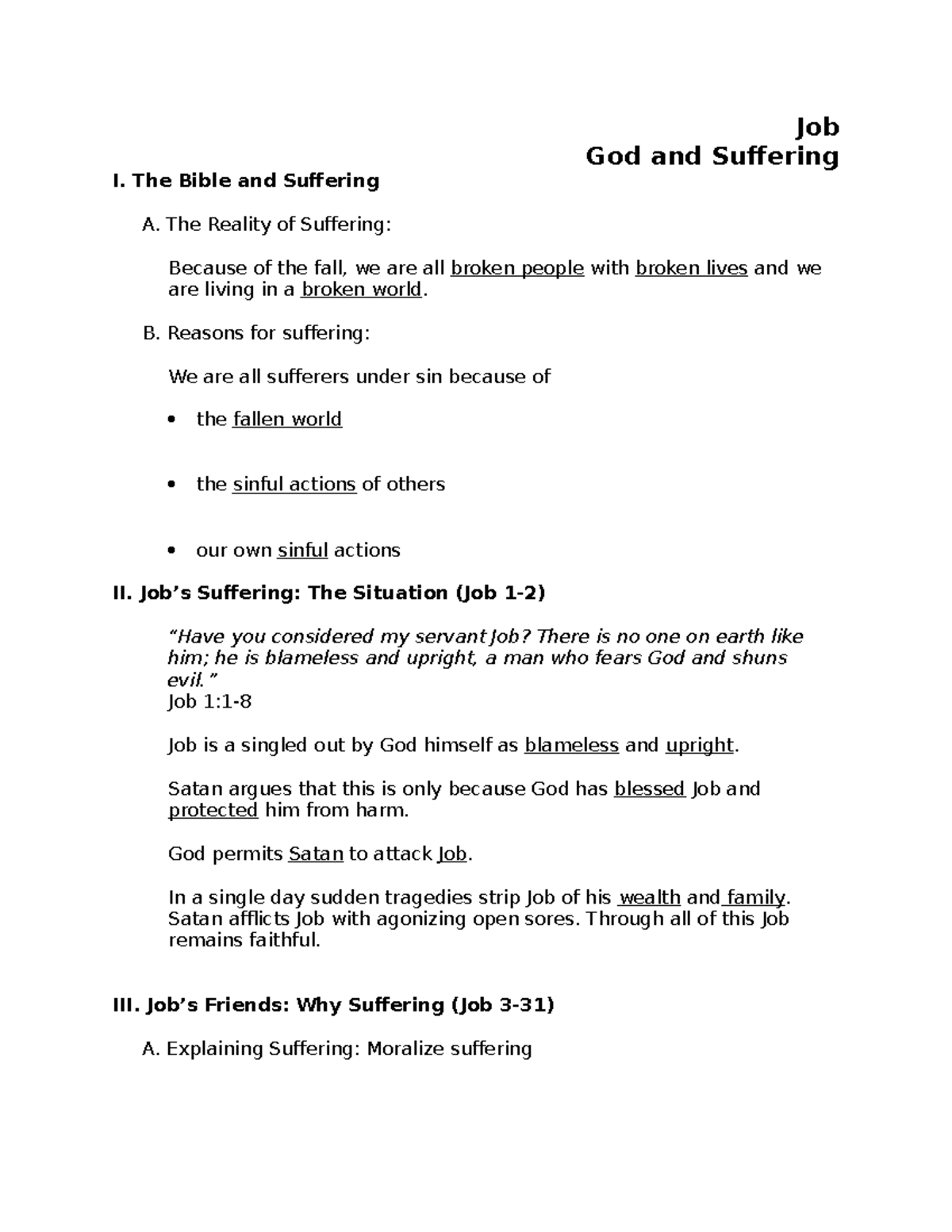 Job Notes - Job God and Suffering I. The Bible and Suffering A. The ...