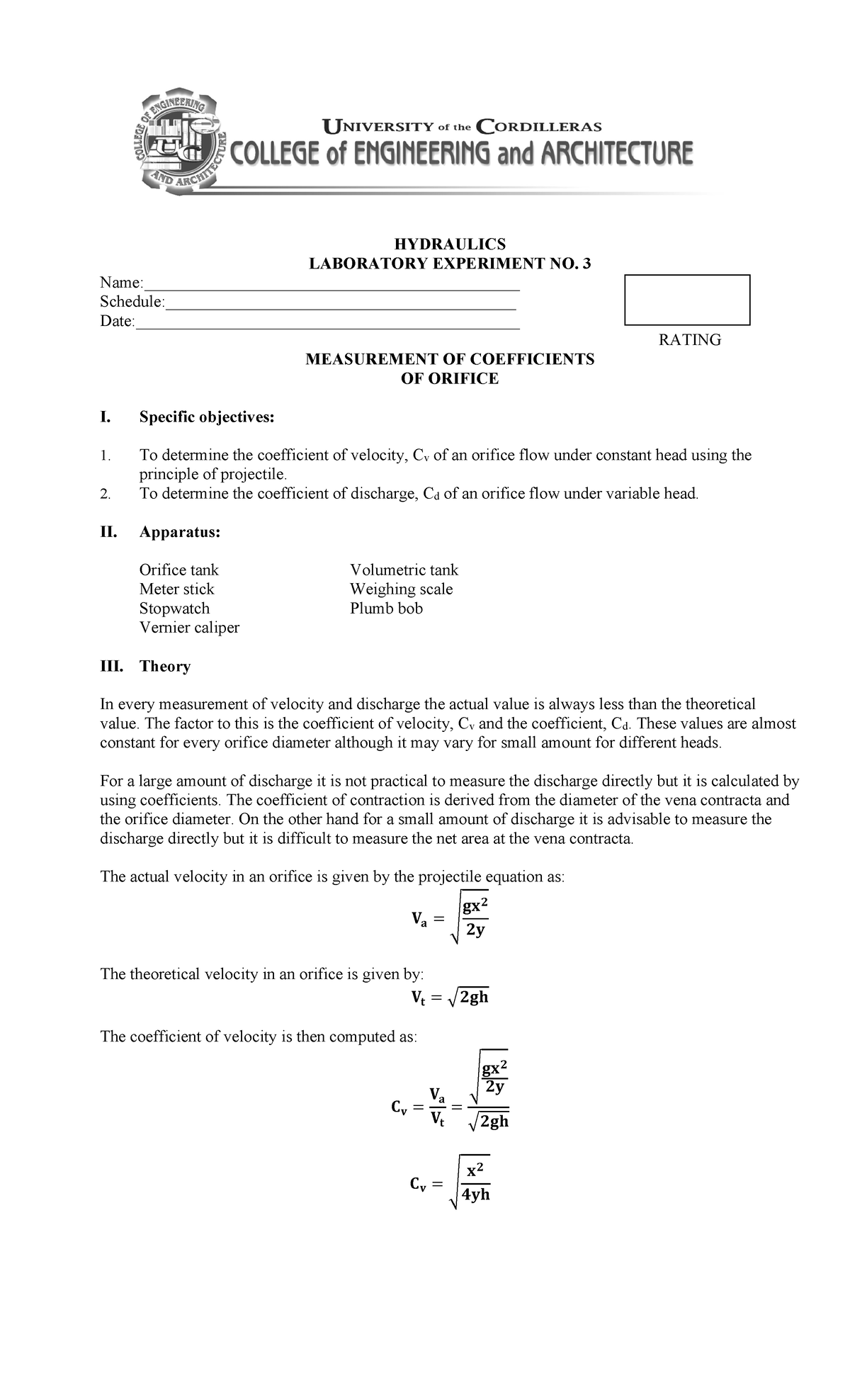 Experiment No. 3 - HYDRAULICS LABORATORY EXPERIMENT NO. 3 - Studocu