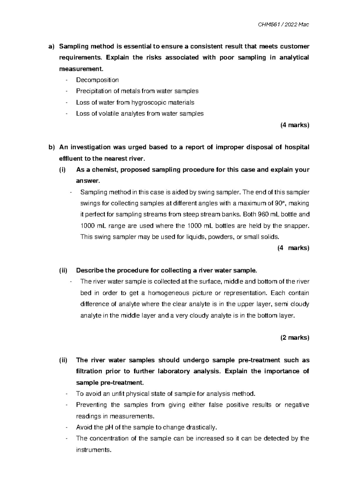 Exercise on sampling - CHM561 / 2022 Mac a) Sampling method is ...