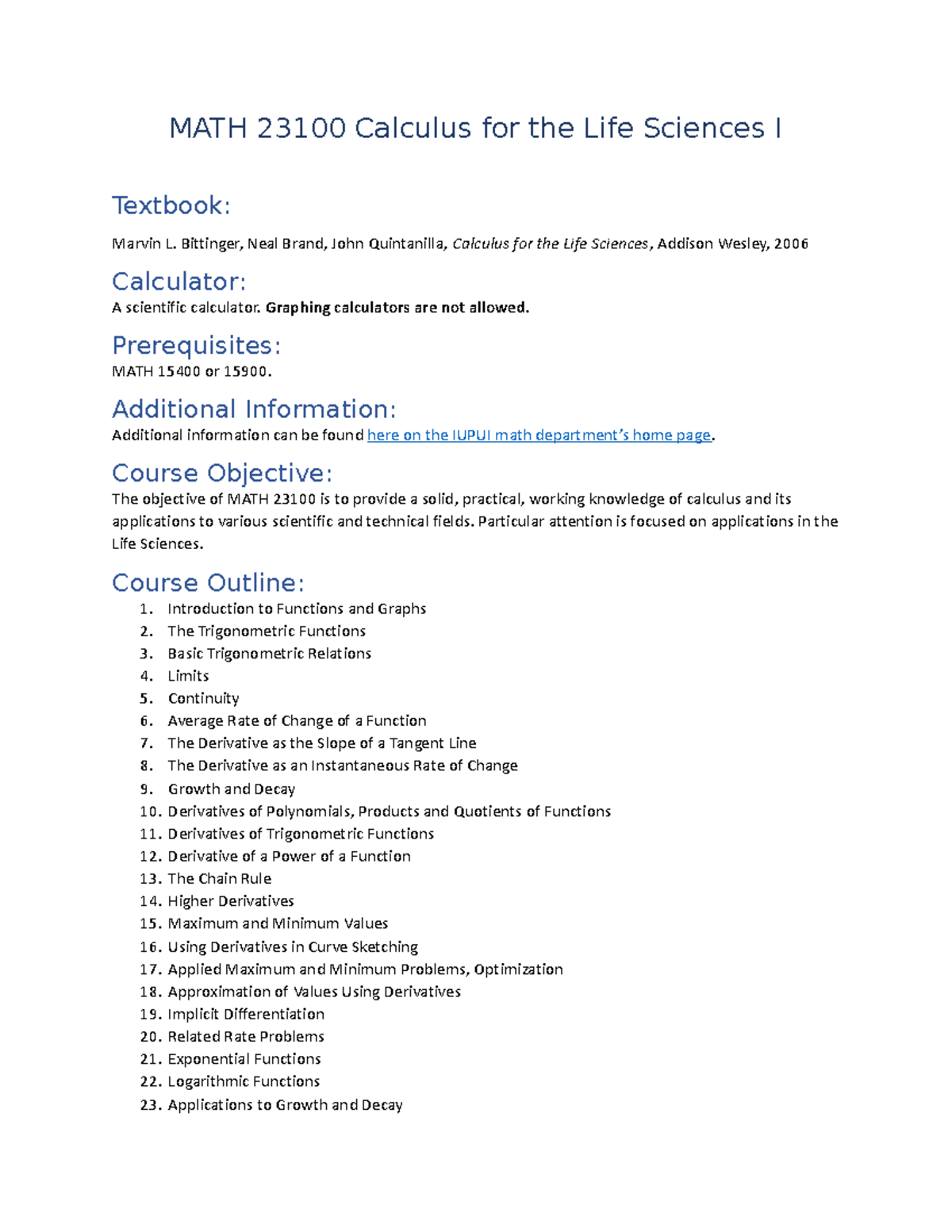 Math 23100 syllabus calculus for life sciences i - MATH 23100 Calculus ...