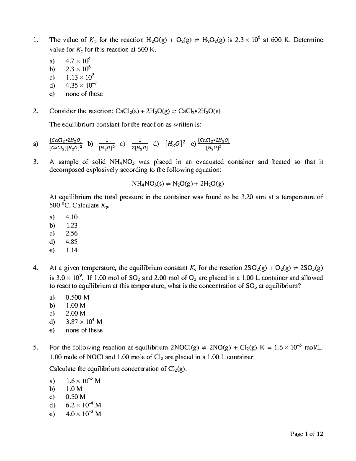 midterm 2 practice - The value of Kp for the reaction H 2 O(g) + O 2 (g ...