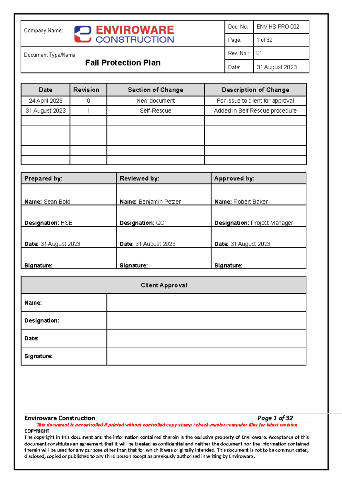 ENVHSPRO002 Fall protection plan rev 1 08 May 2023 Company Name