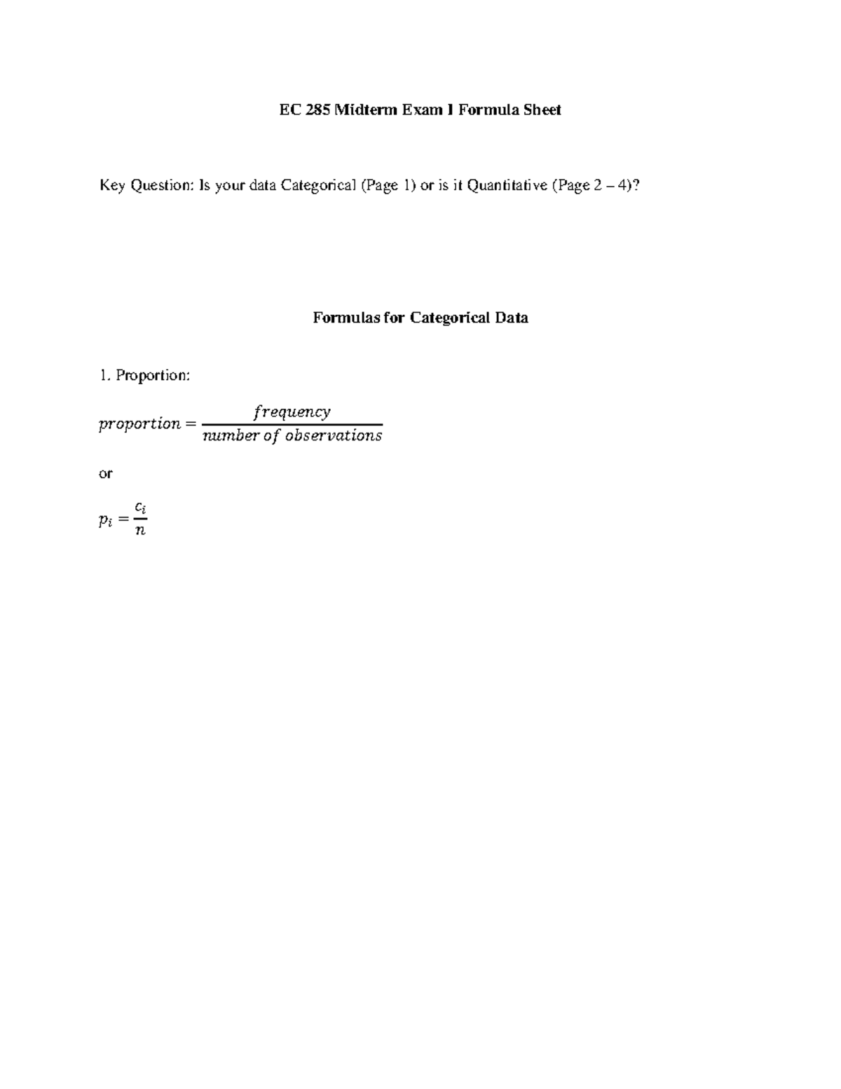 EC 285 Midterm Exam I Formula Sheet - .. (1 + 끫뢨 끫뢶 )] 1 끫뢶 − 1 ...
