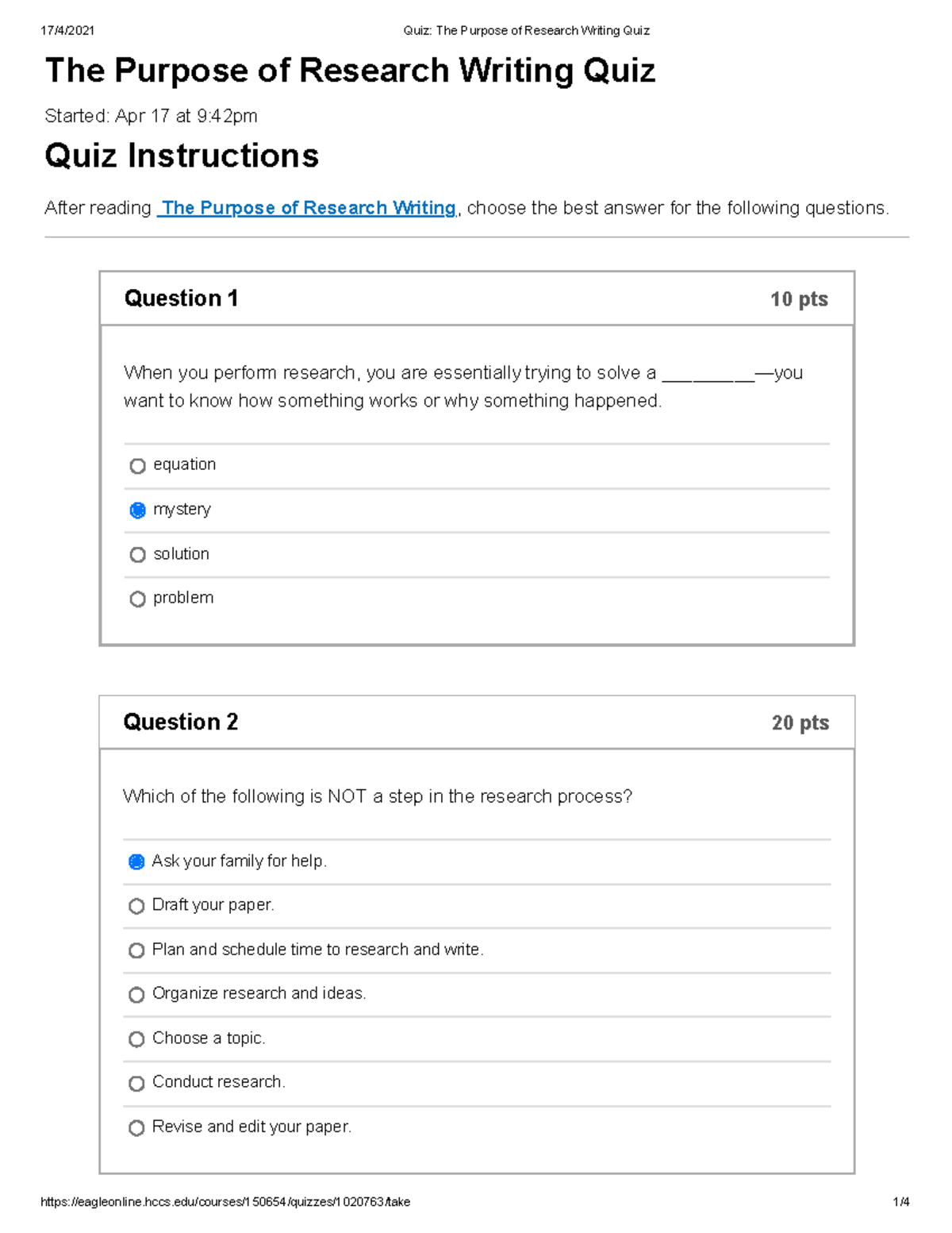 purpose of research quiz