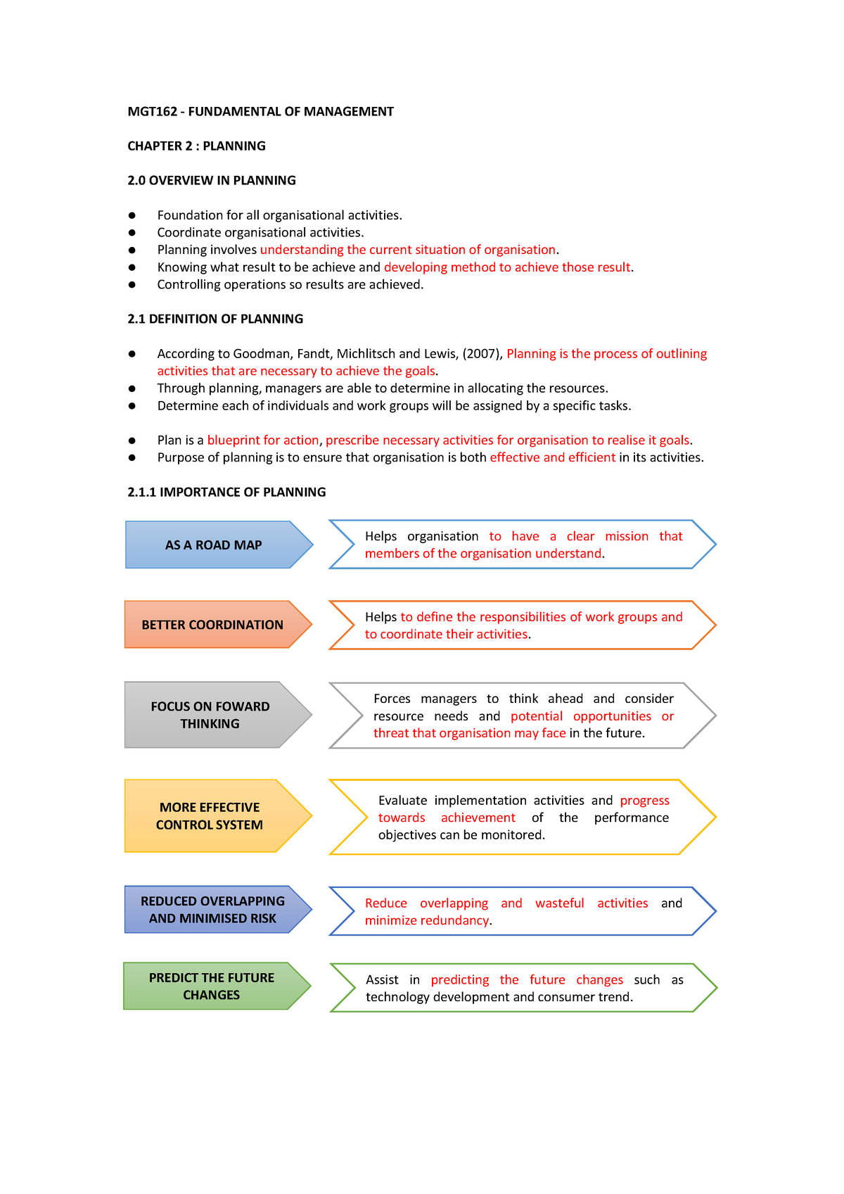 Chapter 2 Planning MGT162 - MGT162 - FUNDAMENTAL OF MANAGEMENT CHAPTER ...