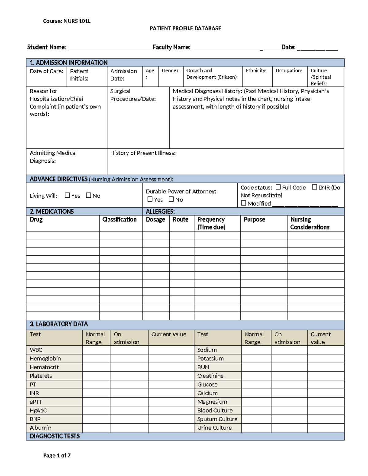 N101L Patient Profile Database Form - PATIENT PROFILE DATABASE Student ...