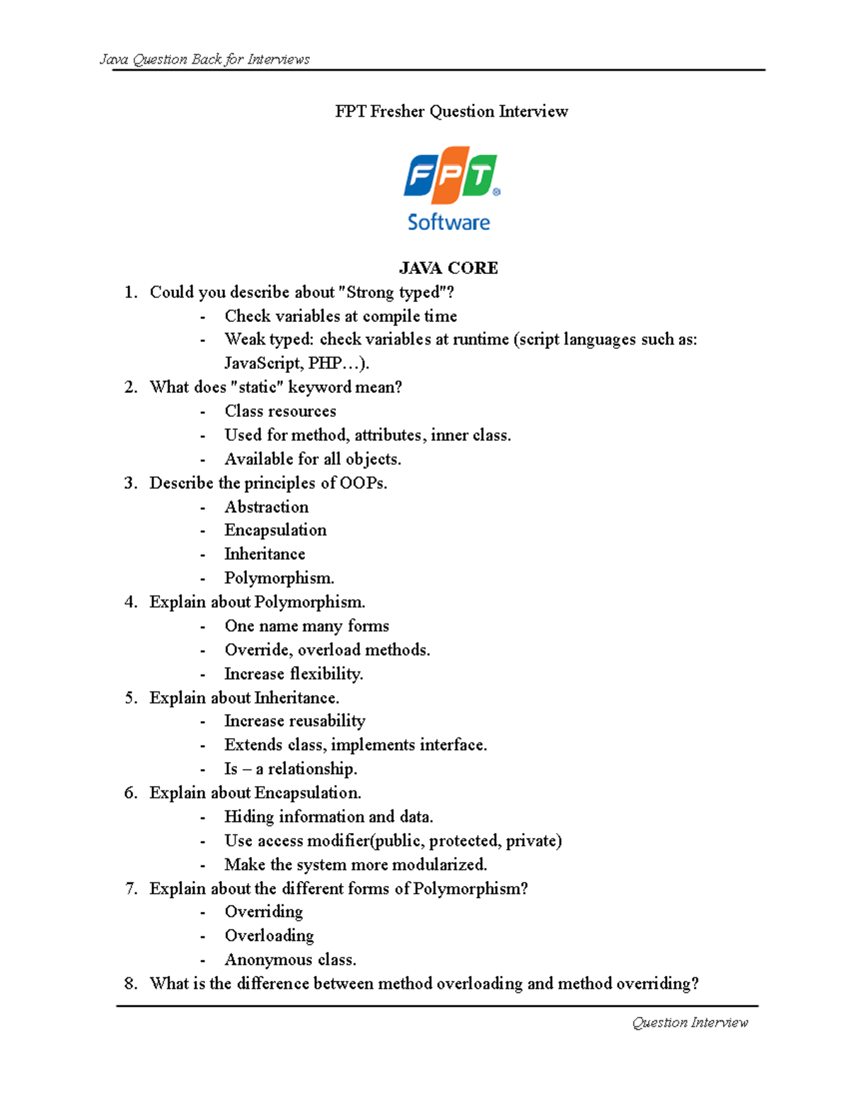 Question-Bank - FPT Fresher Question Interview JAVA CORE 1. Could you ...
