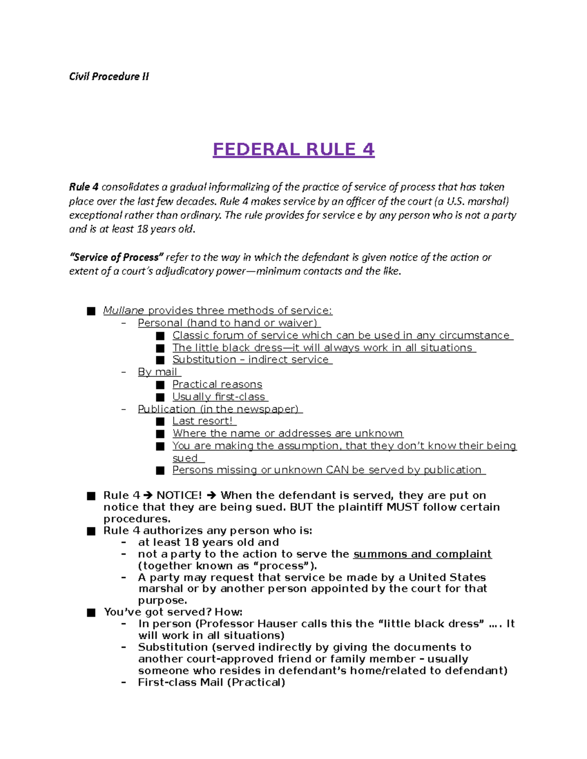 Civil Procedure II Outline Civil Procedure II FEDERAL RULE 4 Rule 4