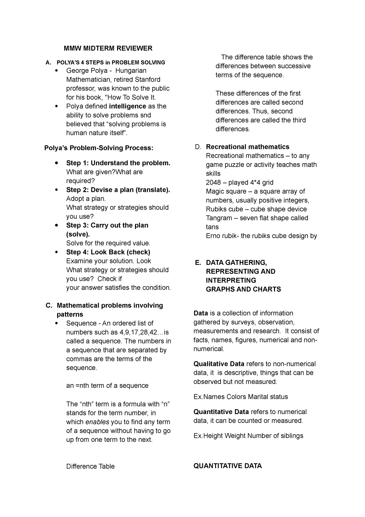 MMW Midterm Reviewer - Mmw - MMW MIDTERM REVIEWER A. POLYA’S 4 STEPS In ...