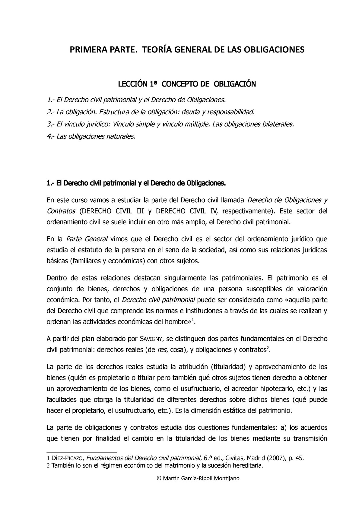 Tema 1 Concepto Obligación Primera Parte TeorÍa General De Las Obligaciones LecciÓn 1 ª 4915