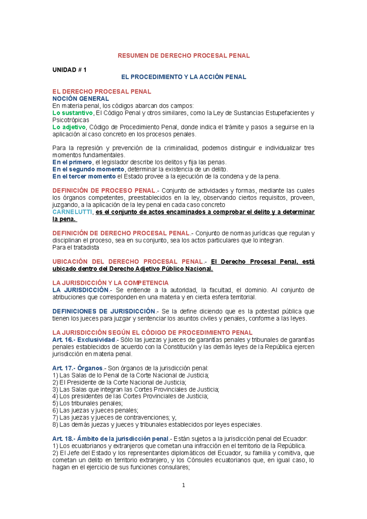 Resumen DE D. P. Penal - RESUMEN DE DERECHO PROCESAL PENAL UNIDAD # 1 ...
