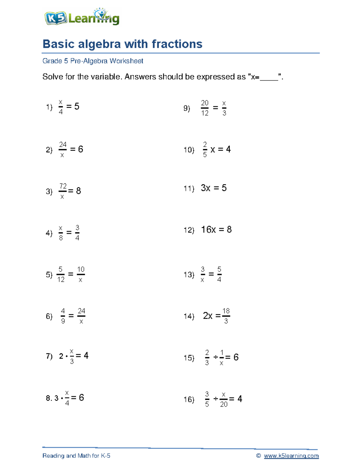 Grade 5 basic algebra decimals b - Reading and Math for K- 5 ...