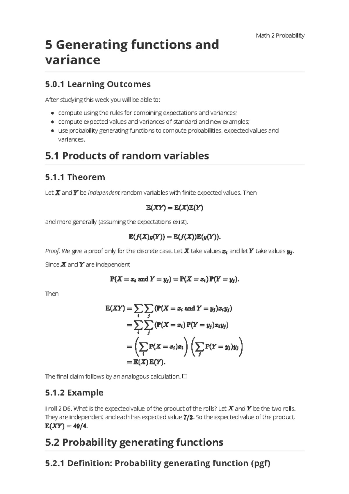 Lecture 5 - slides - Math 2 Probability 5 Generating functions and ...