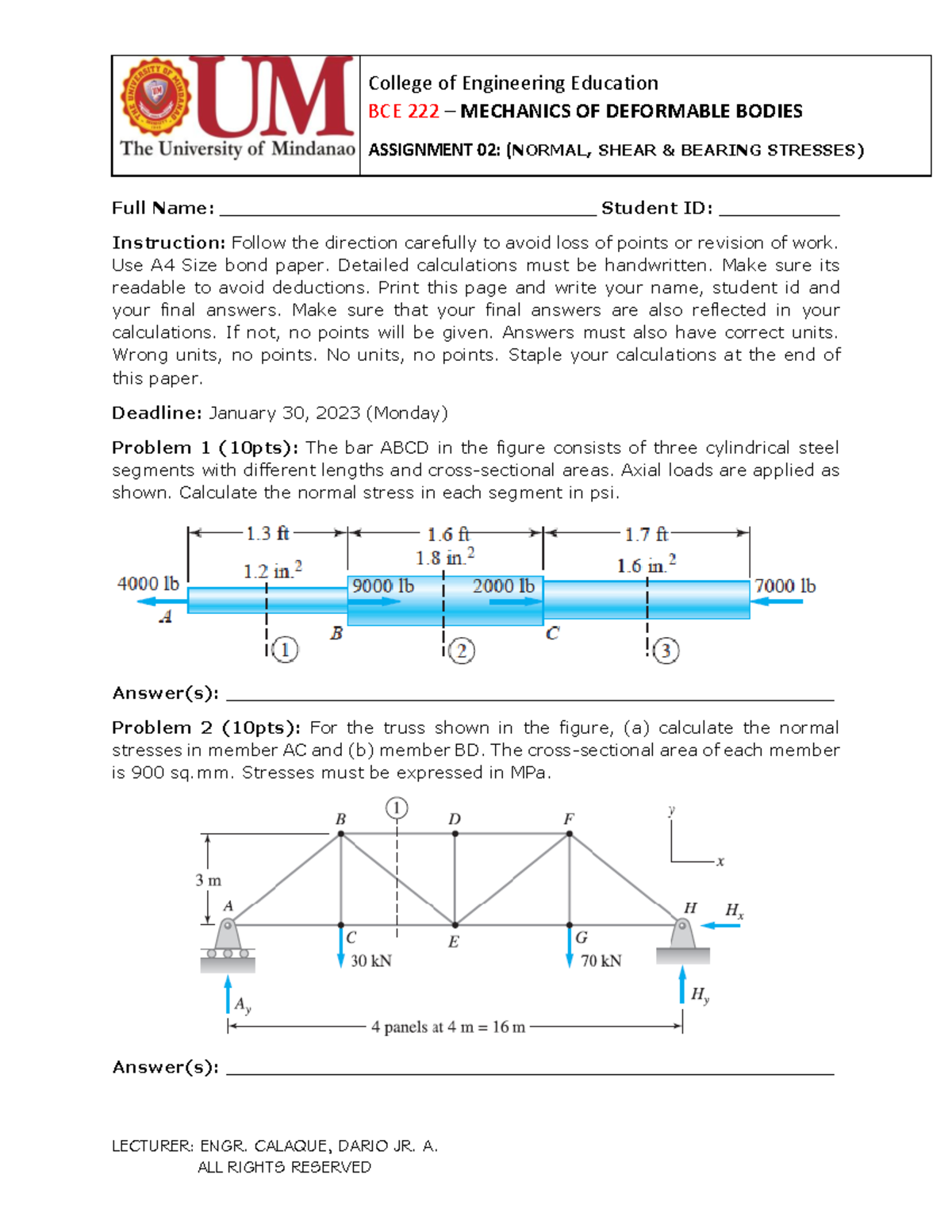 BCE222 Strength Assignment 02 - BCE 222 – MECHANICS OF DEFORMABLE ...