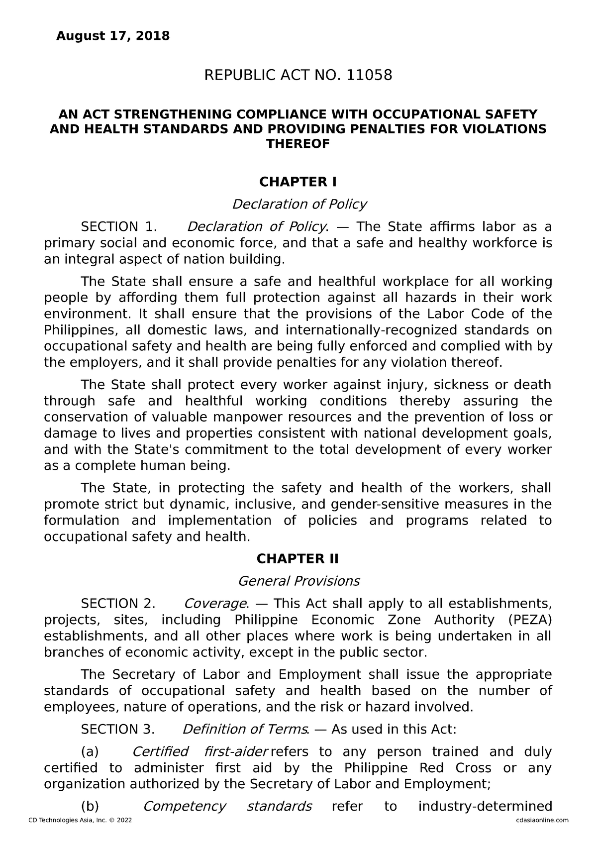 Occupational Safety And Health Standards Law (RA 11058) - August 17 ...