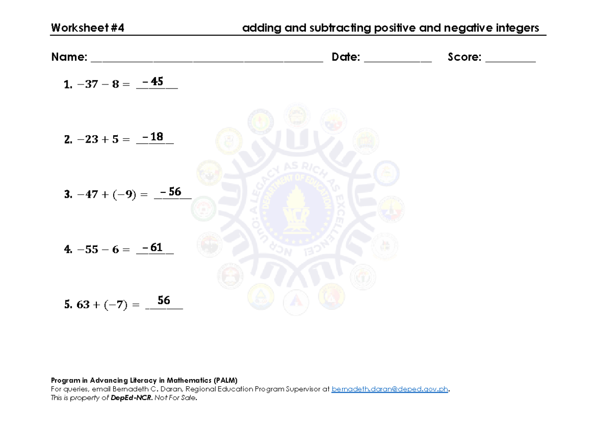 WS4 (Adding and Subtracting Positive and Negative Integers) KEY ...