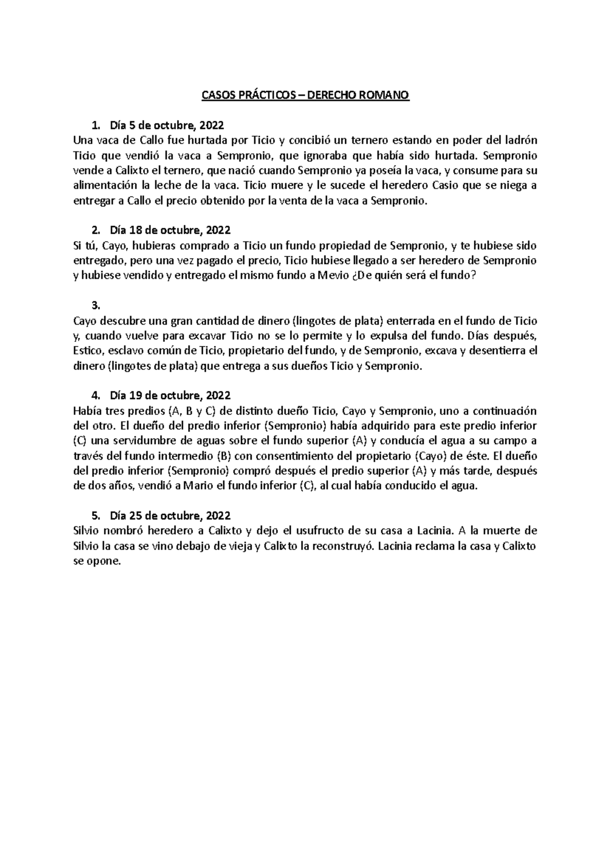 Casos PRÁ Cticos - CASOS PRÁCTICOS – DERECHO ROMANO Día 5 De Octubre ...