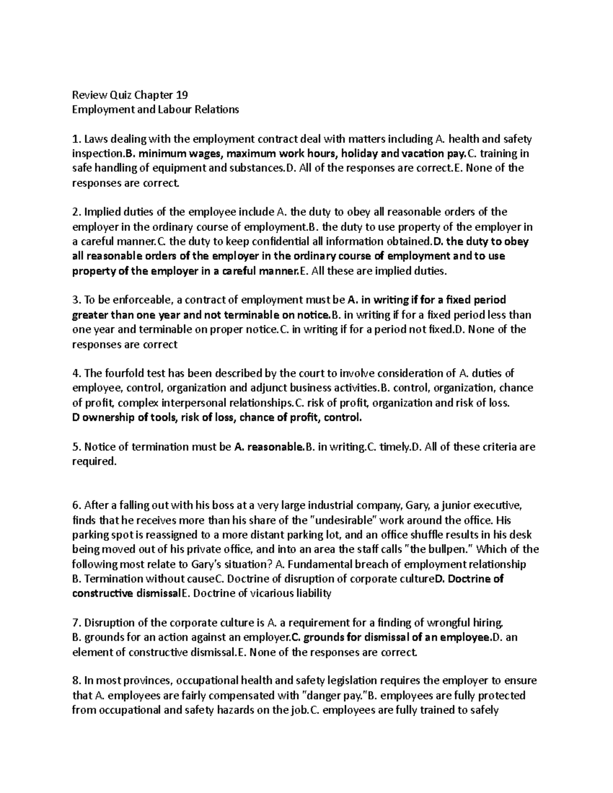 Chapter 19 business law - Review Quiz Chapter 19 Employment and Labour ...