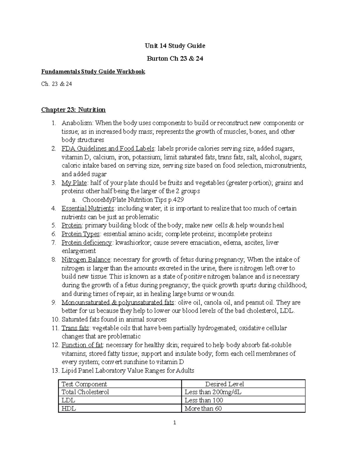 Unit 14 Study Guide - Lpn Notes - Unit 14 Study Guide Burton Ch 23 & 24 