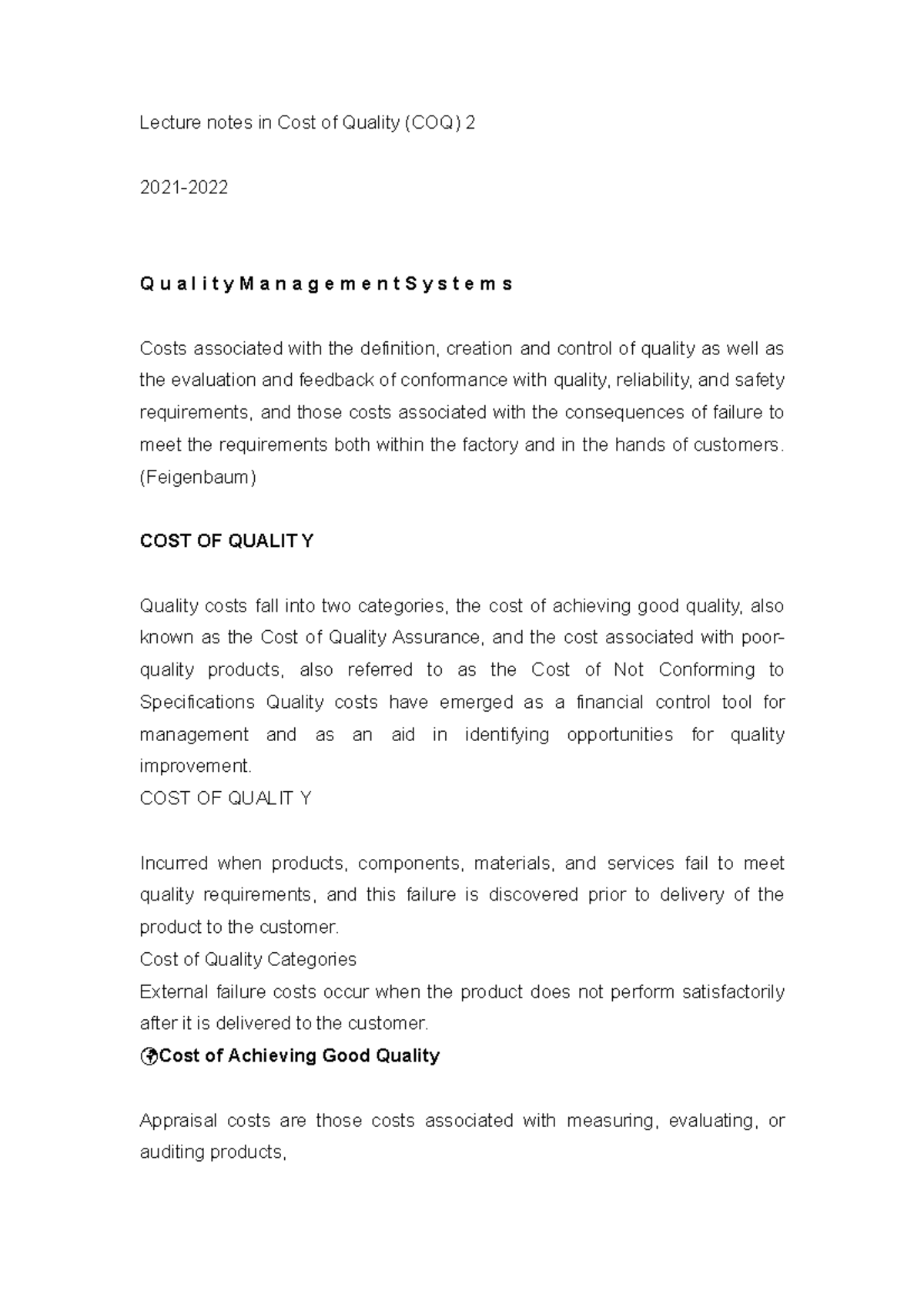 Lecture notes in Cost of Quality (Feigenbaum) COST OF QUALIT Y