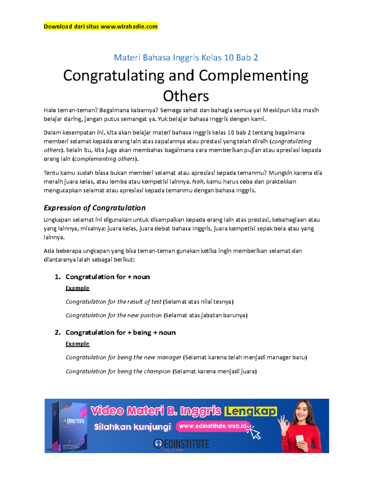 Congratulating And Complementing Others - Materi Bahasa Inggris Kelas ...