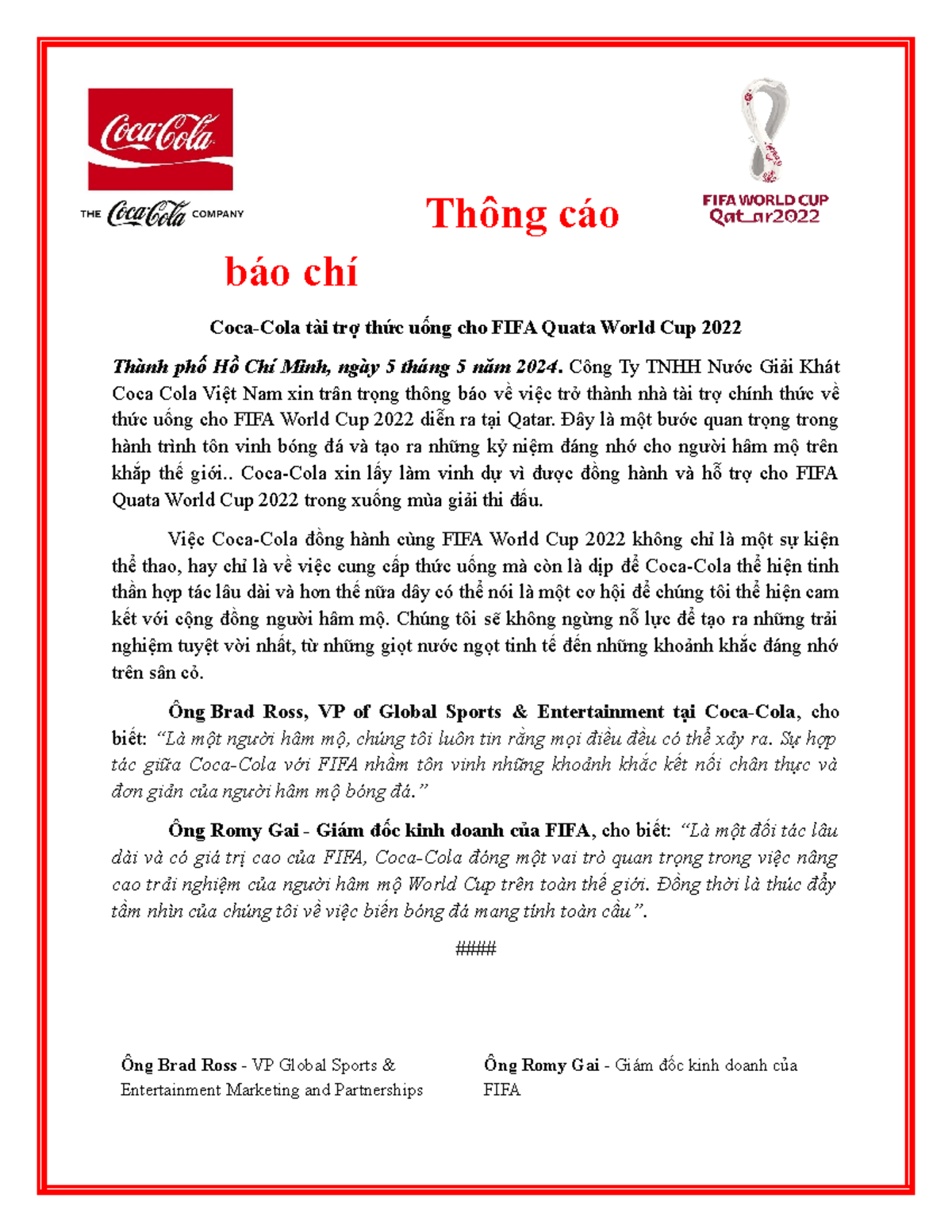Thông cáo báo chí - Thông cáo báo chí Coca-Cola tài trợ thức uống cho ...